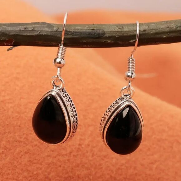 Silver Black Onyx Crystal Dangle Earrings Vintage Style Pendant Stone Teardrop - Picture 3 of 6